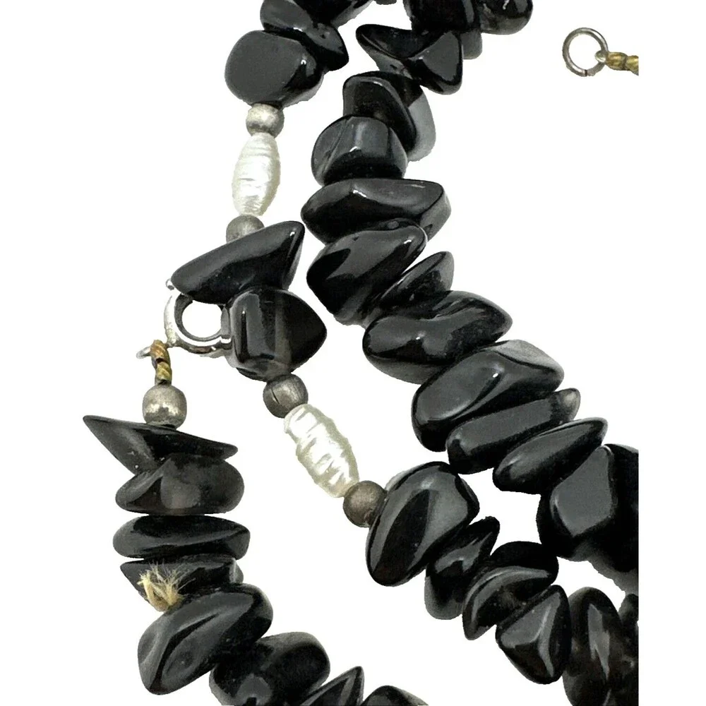 Vintage Black Onyx Quartz Bead Necklace Faux Pearl 925 Sterling Silver Clasp 19